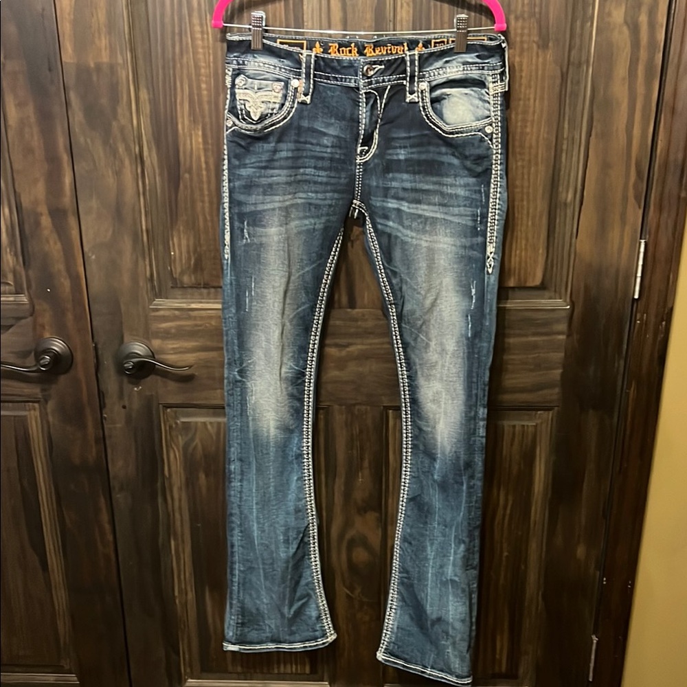 Rock Revival Blue Boot Cut Jeans with Vintage Distressing